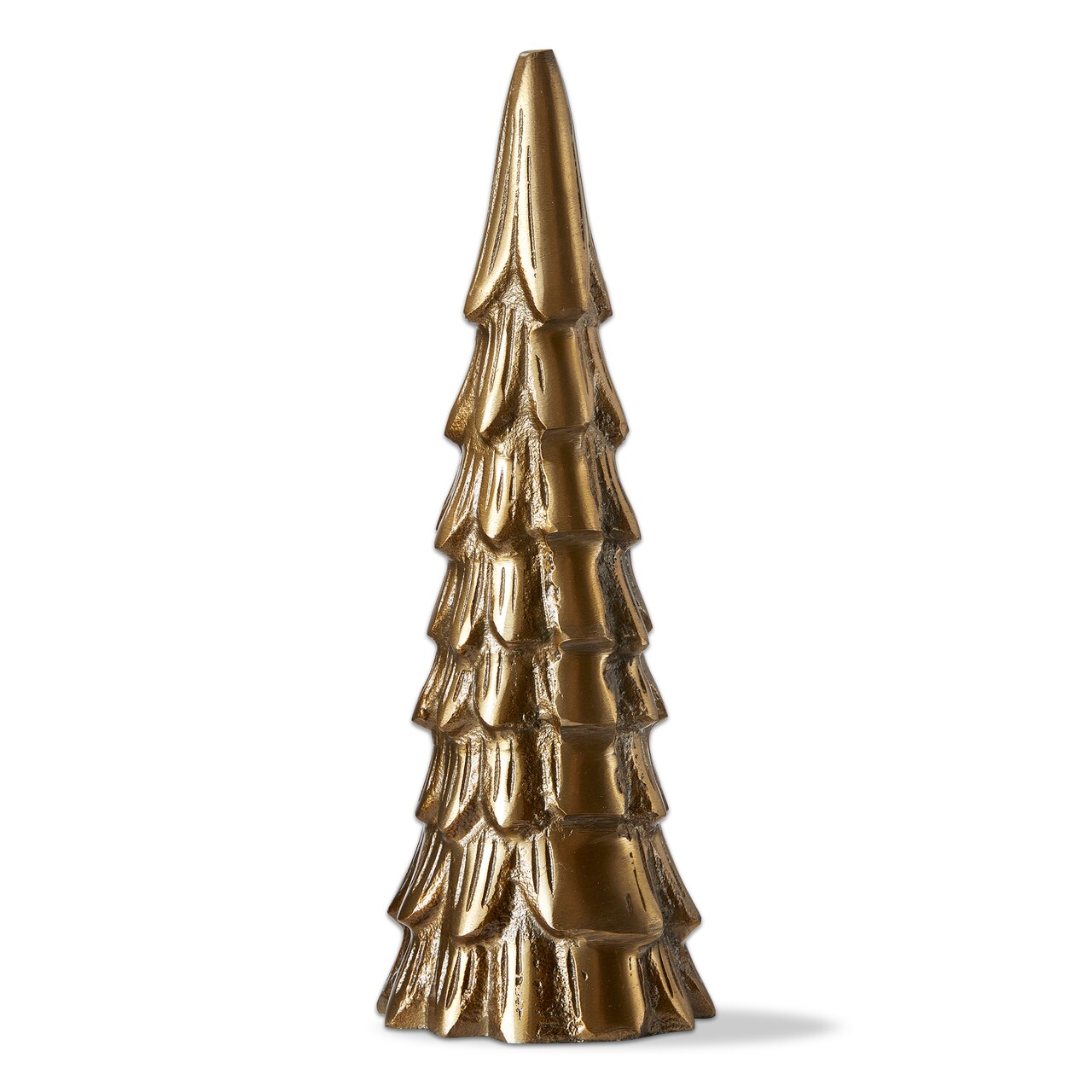 Large Cast Aluminum Tree Decor - Antique Brass Gold Holiday Sculpture, 10" H x 3.25" L x 3.25" W, Dust Clean